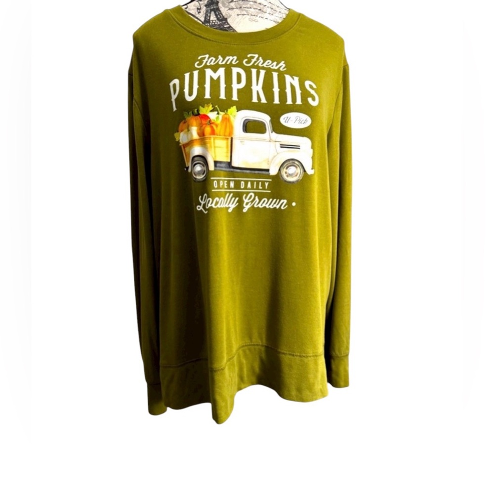 PositiviTees Olive Green Cozy "Farm Fresh Pumpkins" long sleeve Tee size XL